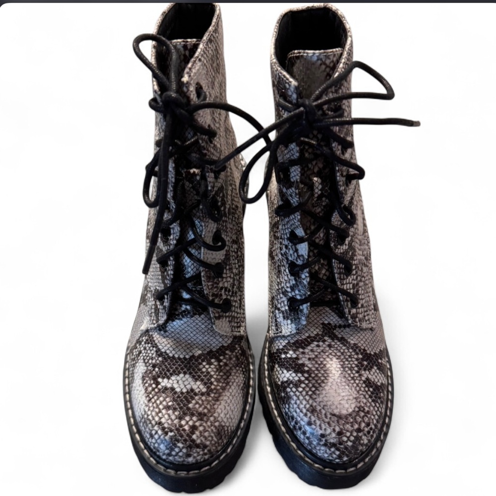 Snakeskin Lace-Up Chunky Heel Ankle Boots